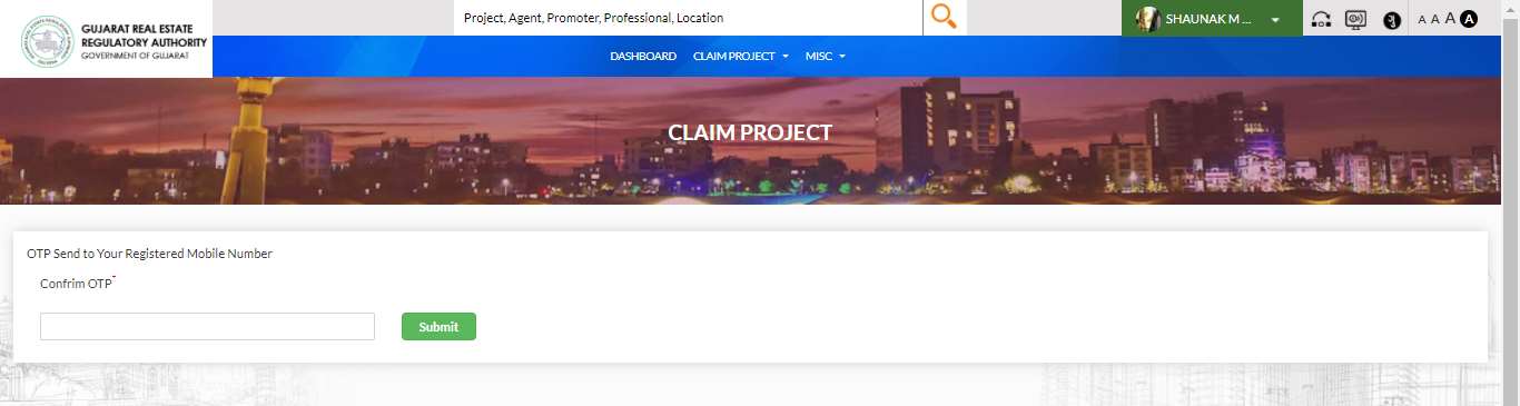 GujRERA Claim Project OTP verification screen showing OTP Send to Your Registered Mobile Number message and Confirm OTP input field with Submit button