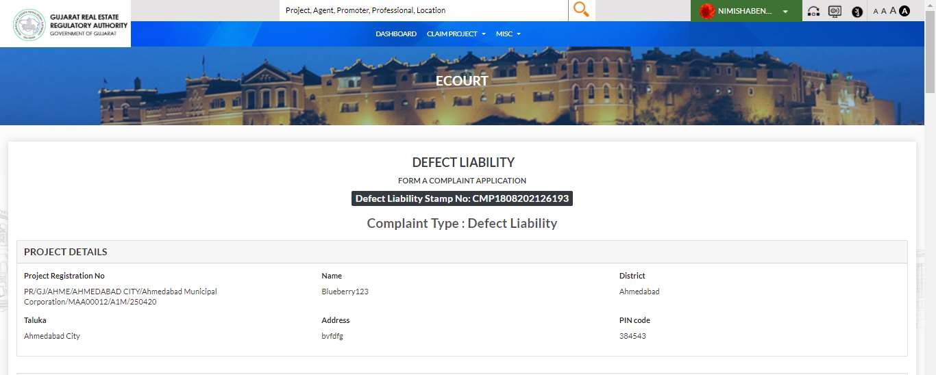 GujRERA eCourt Defect Liability Form A Complaint Application view showing Defect Liability Stamp No CMP1808202126193, Complaint Type Defect Liability, and Project Details section with Blueberry123 project in Ahmedabad