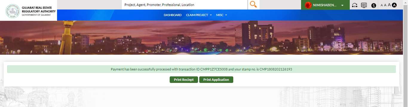 GujRERA Defect Liability confirmation screen showing Payment has been successfully processed message with transaction ID CMPP1Z7CE5008 and stamp number CMP1808202126193