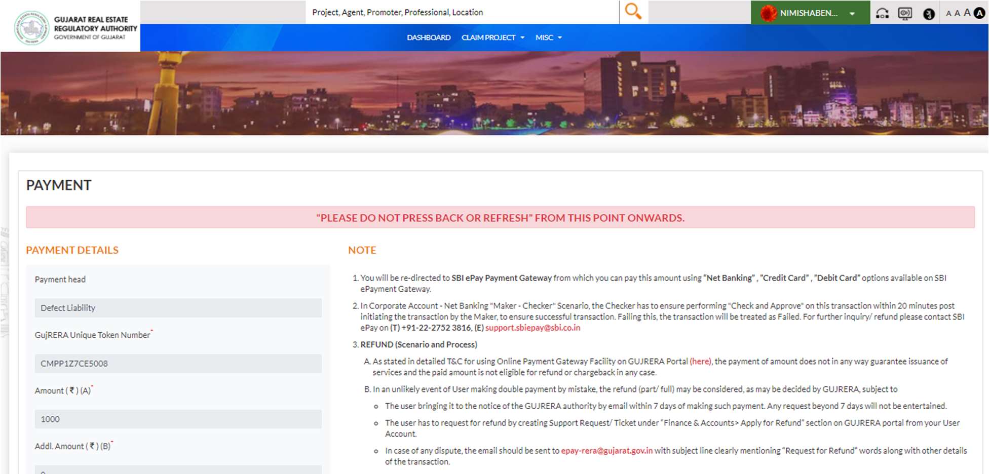 GujRERA Defect Liability payment screen showing Payment Head as Defect Liability, Token CMPP1Z7CE5008, Amount Rs.1000, Do Not Press Back warning, and refund policy notes