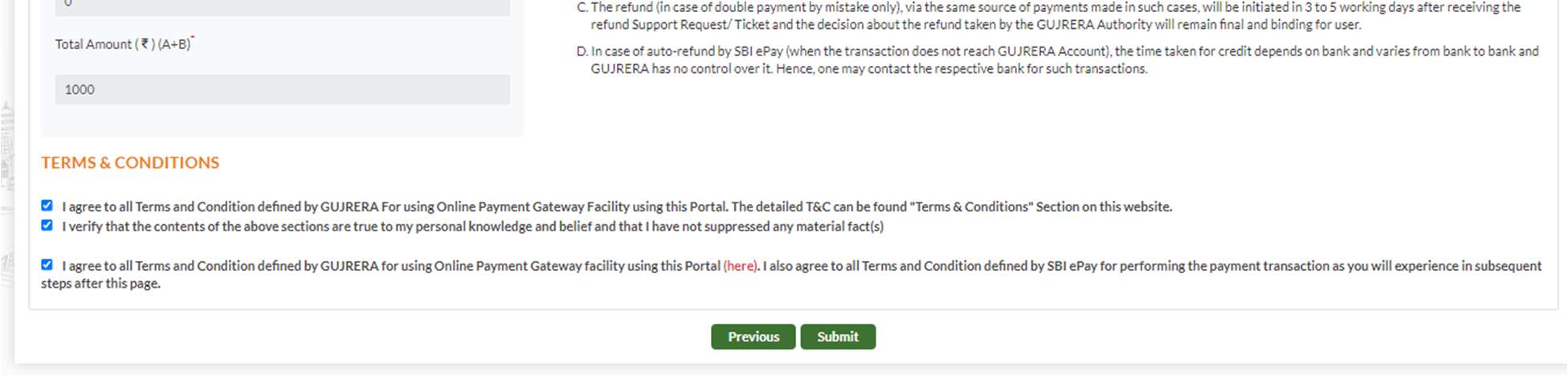 GujRERA Defect Liability payment page showing Total Amount Rs.1000, Terms and Conditions checkboxes all checked, and Previous and Submit buttons