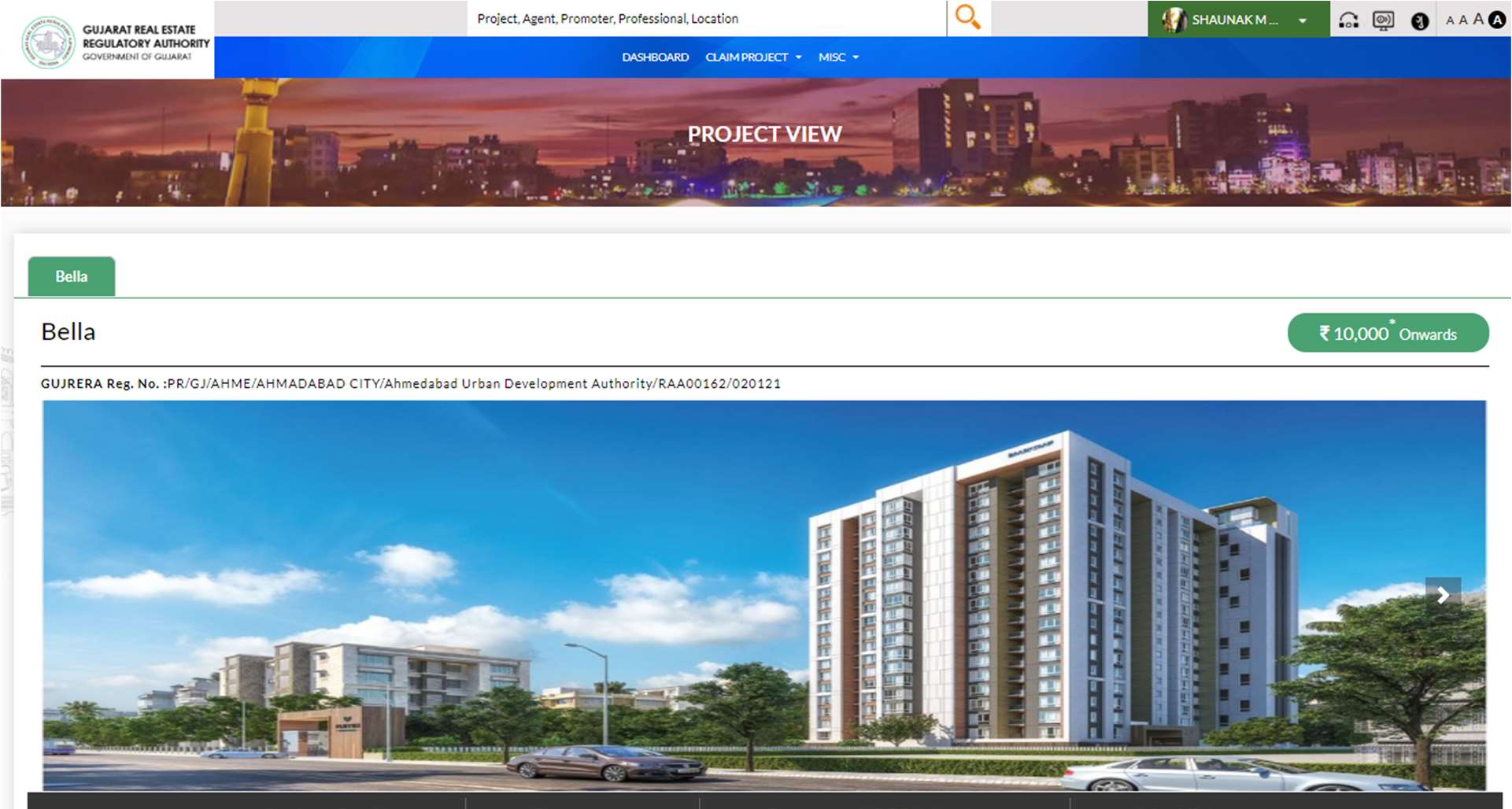 GujRERA Project View page showing Bella project with building image, GUJRERA registration number PR/GJ/AHME/AHMADABAD CITY and starting price Rs.10000 Onwards