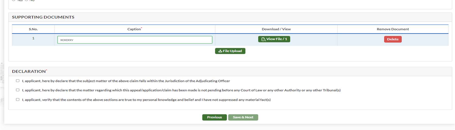 GujRERA Defect Liability form showing Supporting Documents section with Caption field and File Upload button, and Declaration section with three mandatory checkboxes, Previous and Save Next buttons