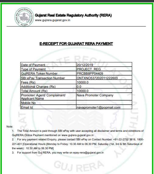 GujRERA E-Receipt for Gujarat RERA Payment showing Token Number, SBI ePay Transaction Number, Fees, Total Amount and applicant details