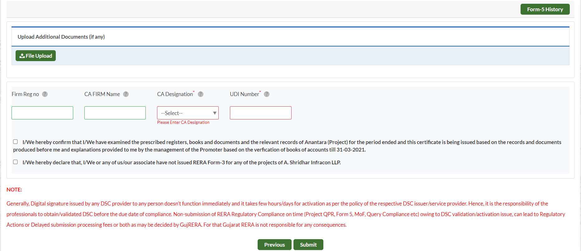 GujRERA Form 5 CA final page showing Upload Additional Documents, Firm Reg no, CA Firm Name, CA Designation, UDIN Number, declaration checkboxes, DSC warning note and Submit button