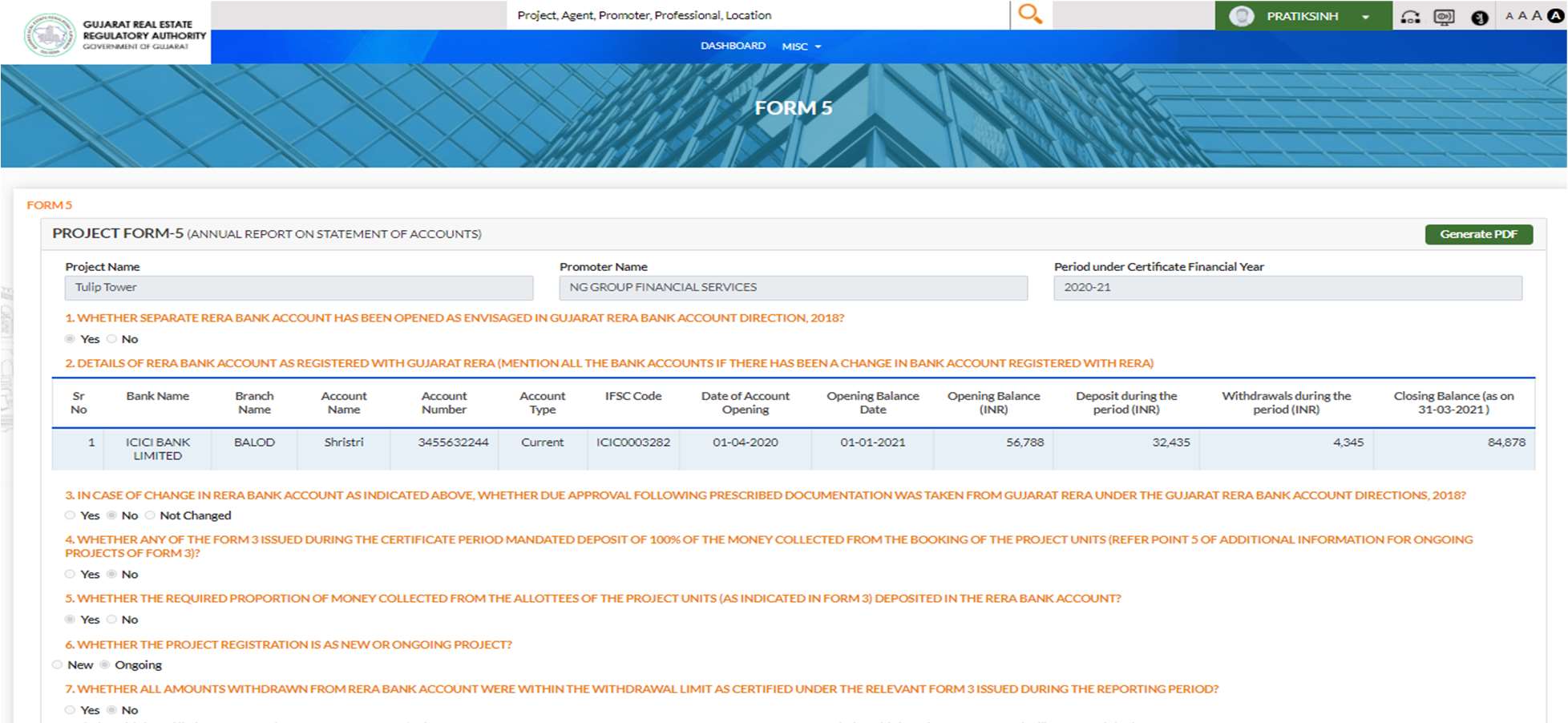 GujRERA Form 5 CA review screen showing completed Form 5 with all bank account details, audit answers and Generate PDF button for e-signing