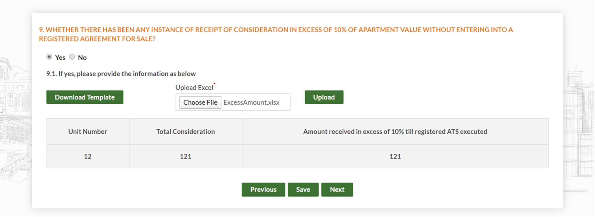 GujRERA Form 5 CA Question 9 showing excess consideration upload with Download Template, Choose File and Upload buttons with sample data table