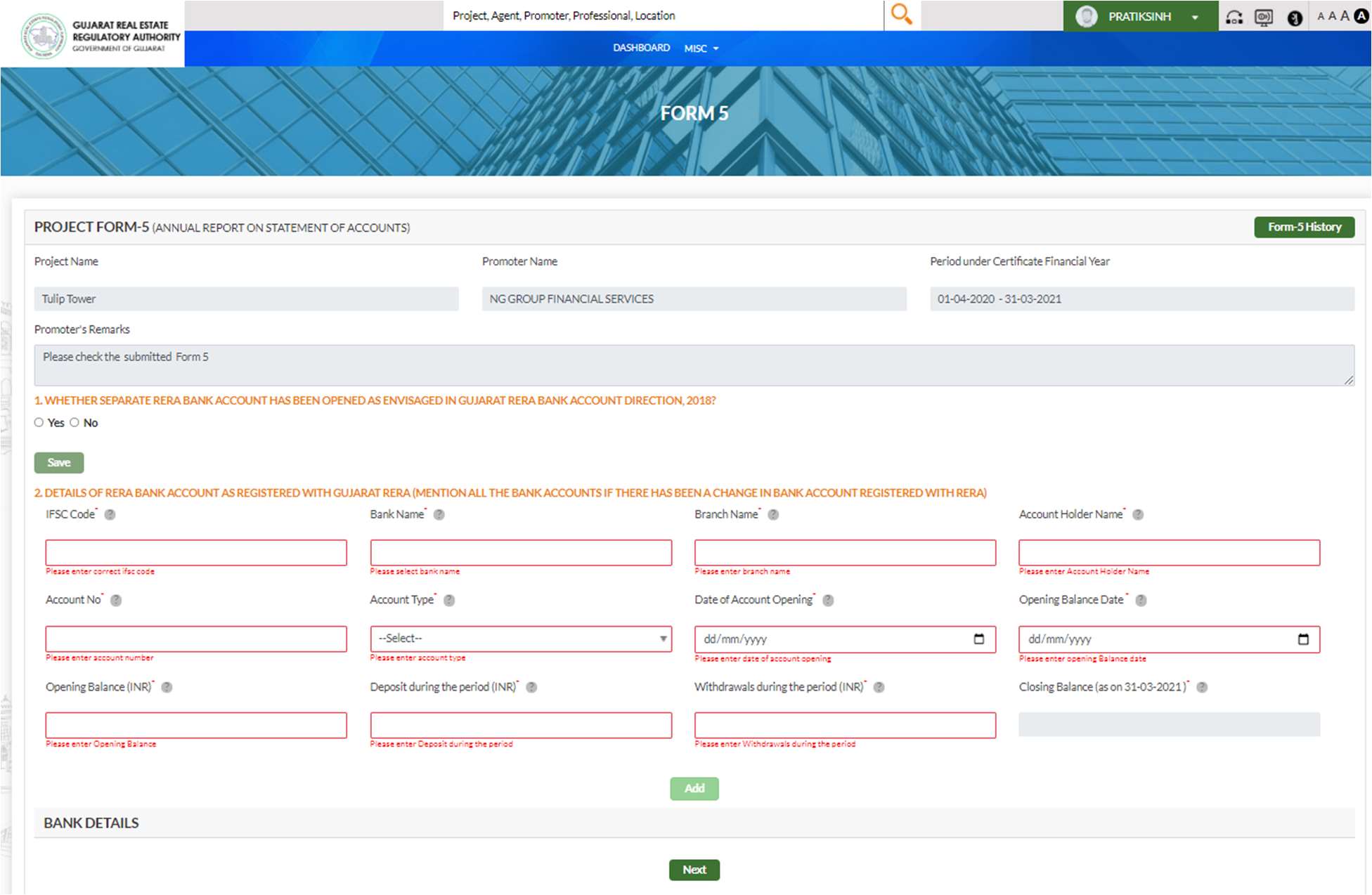 GujRERA Form 5 CA filling RERA bank account details section showing IFSC, Account No, Opening Balance Date, Deposit, Withdrawals and Closing Balance fields
