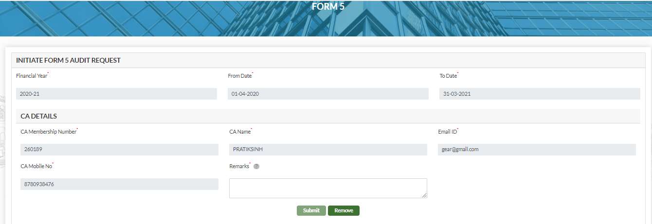 GujRERA Form 5 CA assignment form showing CA Membership Number, CA Name, Email, Mobile No, Remarks field and Submit button