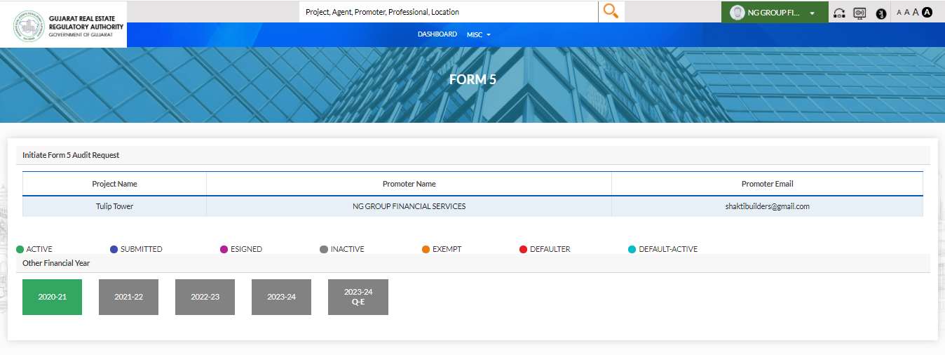 GujRERA Form 5 Initiate Audit Request page showing project name, promoter details and financial year tiles with colour status legend