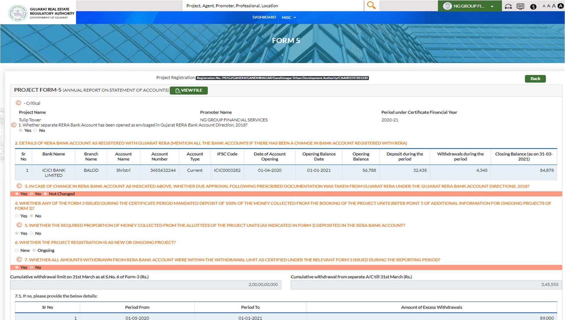 GujRERA Form 5 Promoter view showing RAF Critical flags on audit questions with RERA bank account table and project registration number