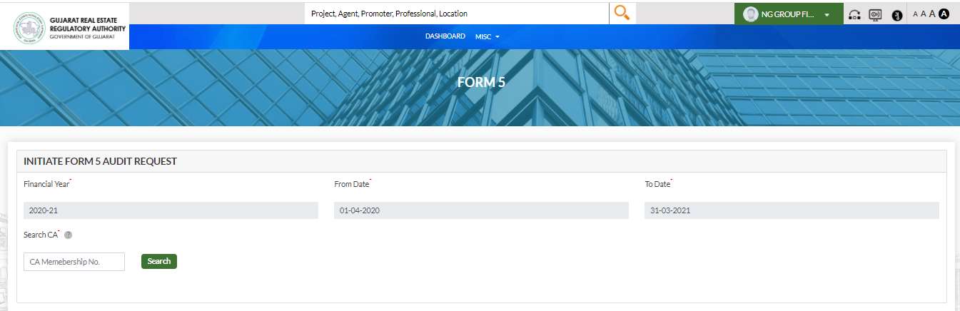 GujRERA Form 5 CA search form showing Financial Year 2020-21, From Date, To Date and Search CA by Membership Number field