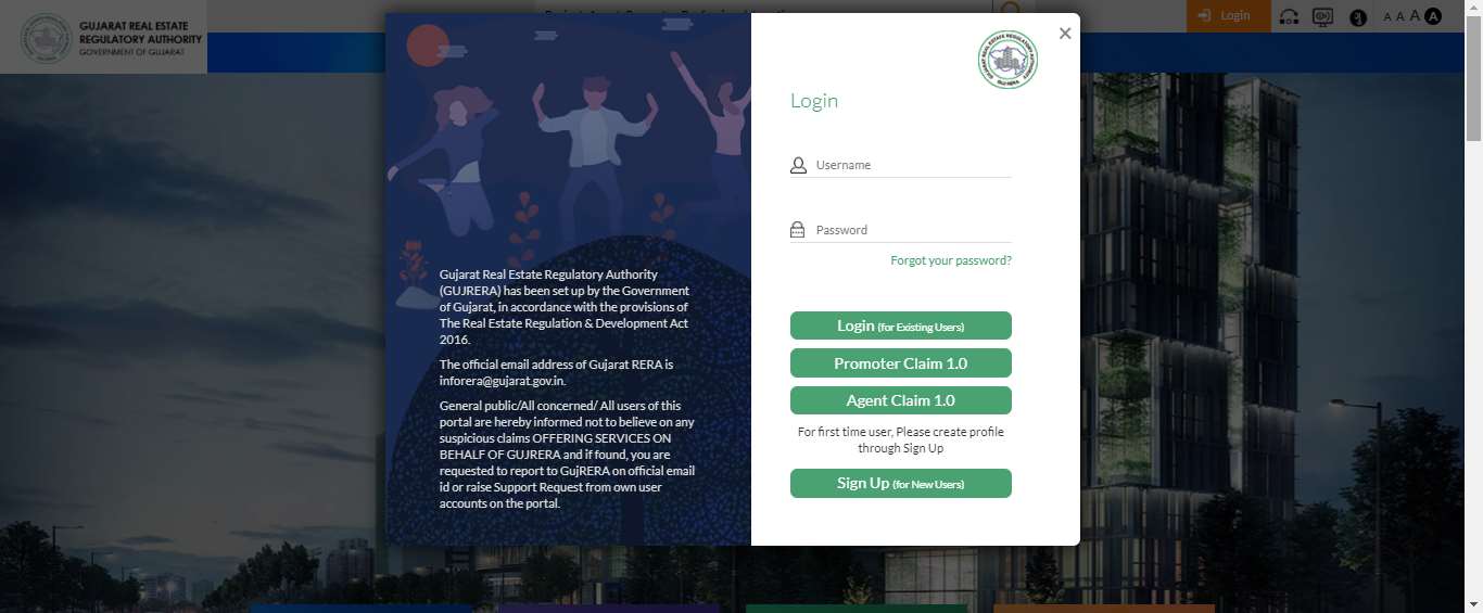 GujRERA login dialog showing Username and Password fields with Login for Existing Users, Promoter Claim 1.0, Agent Claim 1.0, and Sign Up options