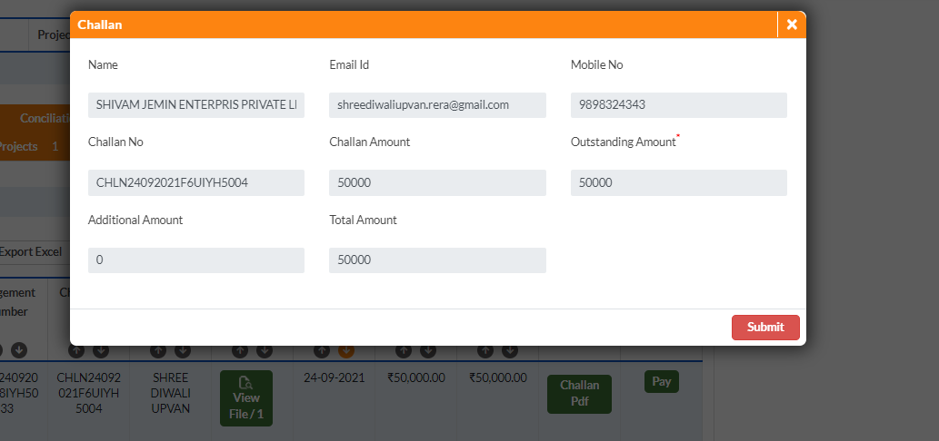 GujRERA Pay Penalty challan popup showing Name, Email, Challan No, Challan Amount, Outstanding Amount, Additional Amount and Total Amount with Submit button