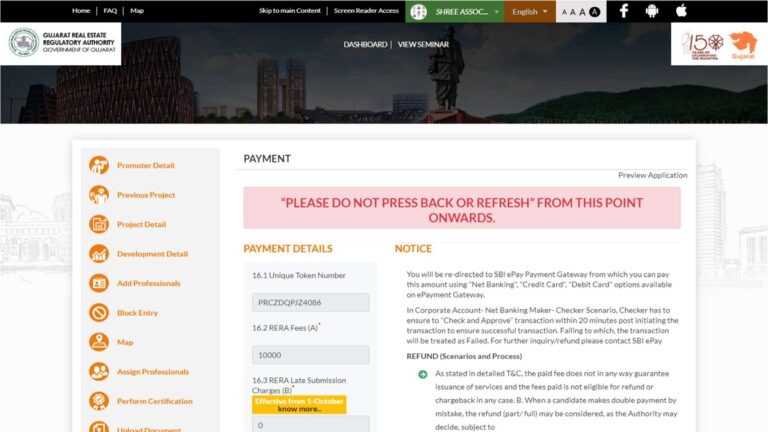 GujRERA Payment screen showing Unique Token Number, RERA Fees A, Late Submission Charges B, Do Not Press Back warning and SBI ePay redirect notice with refund policy