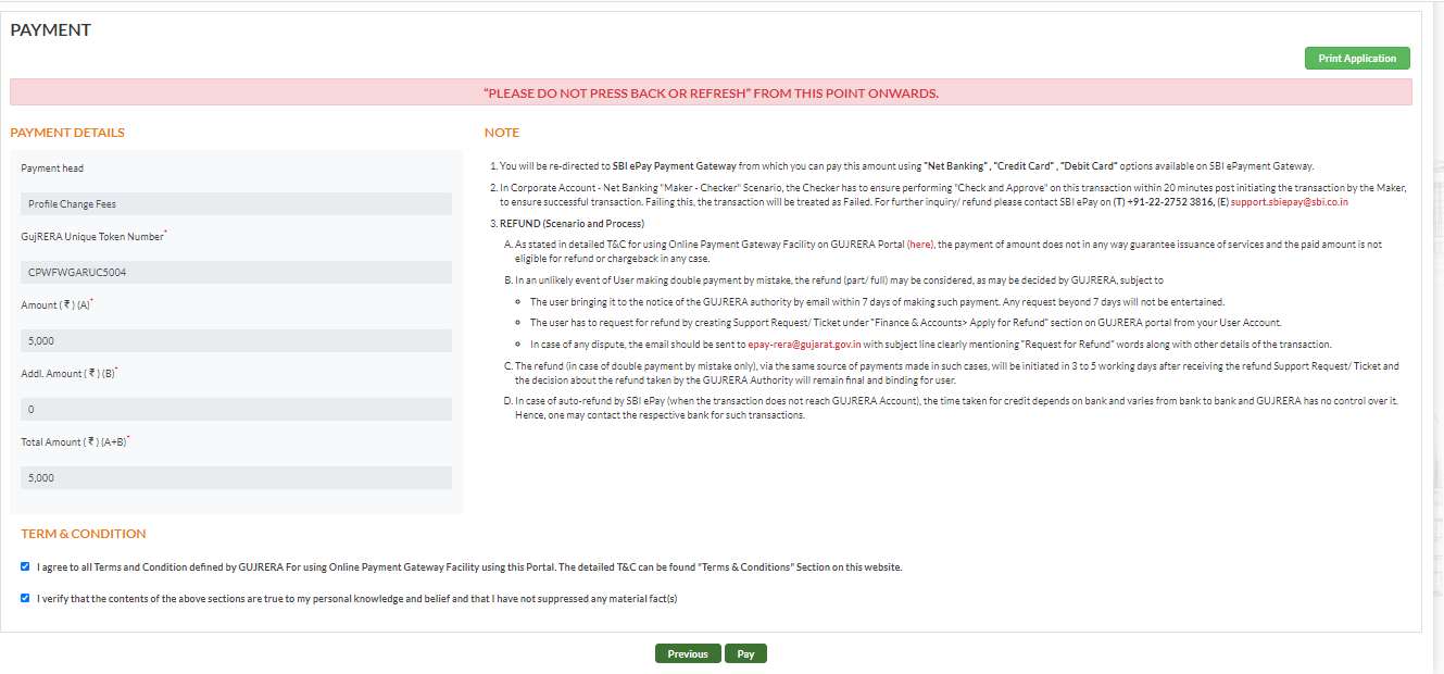 GujRERA PCWF Payment screen showing Payment head as Profile Change Fees, Unique Token Number, Amount A, Additional Amount B, Total Amount, Terms and Conditions checkboxes and Pay button