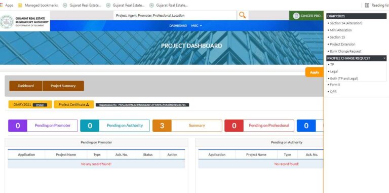 GujRERA Project Dashboard showing the Apply button with PROFILE CHANGE REQUEST dropdown menu listing TP, Legal, Both TP and Legal, Form 5 and QPR options