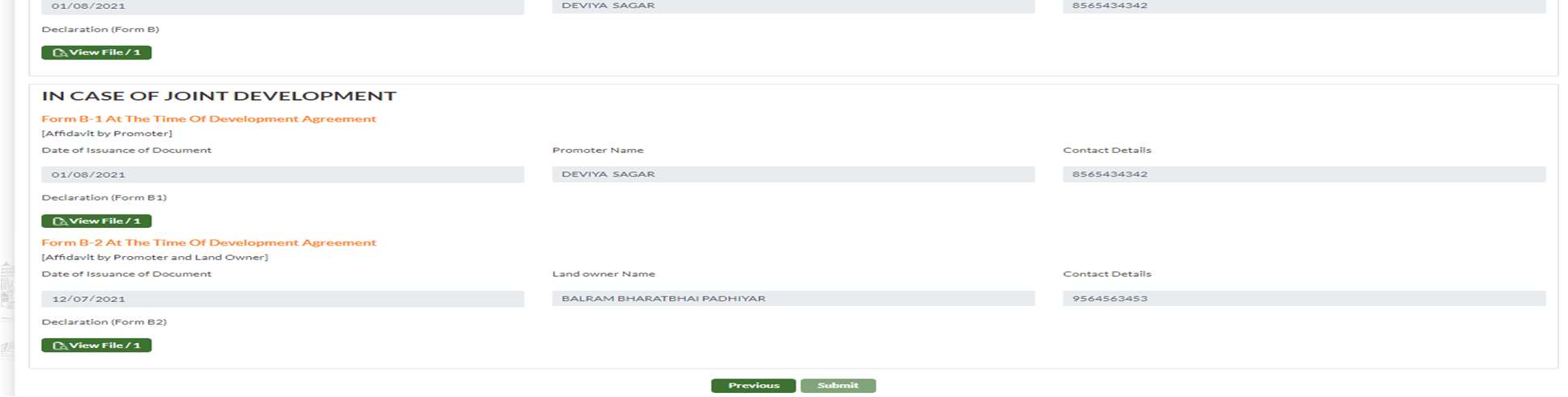 GujRERA TP Profile Change form showing Form B Declaration section and Joint Development Form B-1 and Form B-2 fields with View File buttons and Submit button