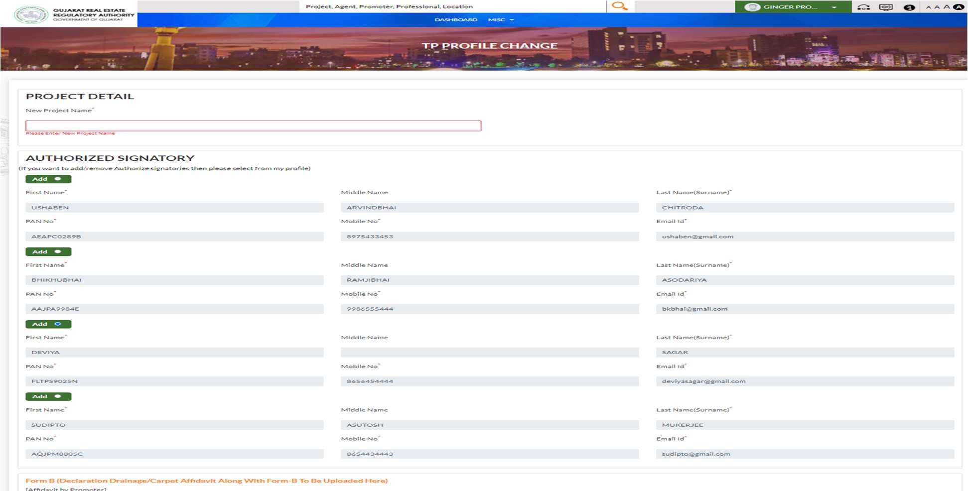 GujRERA TP Profile Change form showing New Project Name field and Authorized Signatory section with multiple signatories, PAN, Mobile, Email and Add toggle buttons