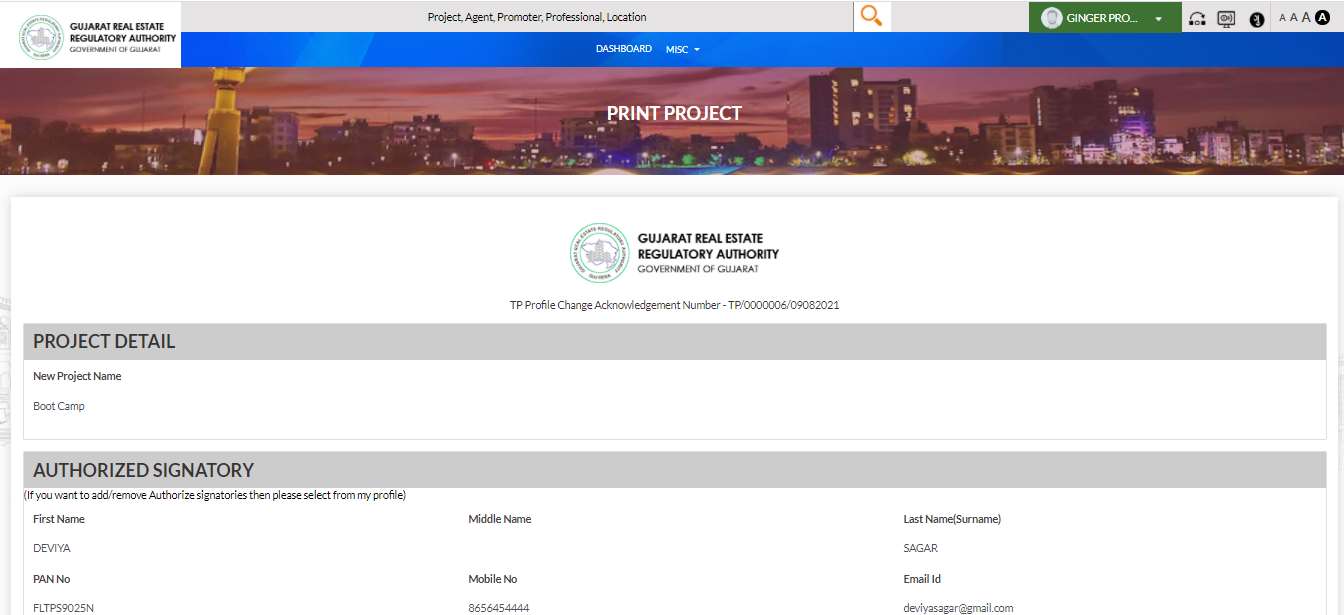 GujRERA PCWF Print Project page showing TP Profile Change Acknowledgement Number TP/0000006/09082021 with Project Detail and Authorized Signatory summary