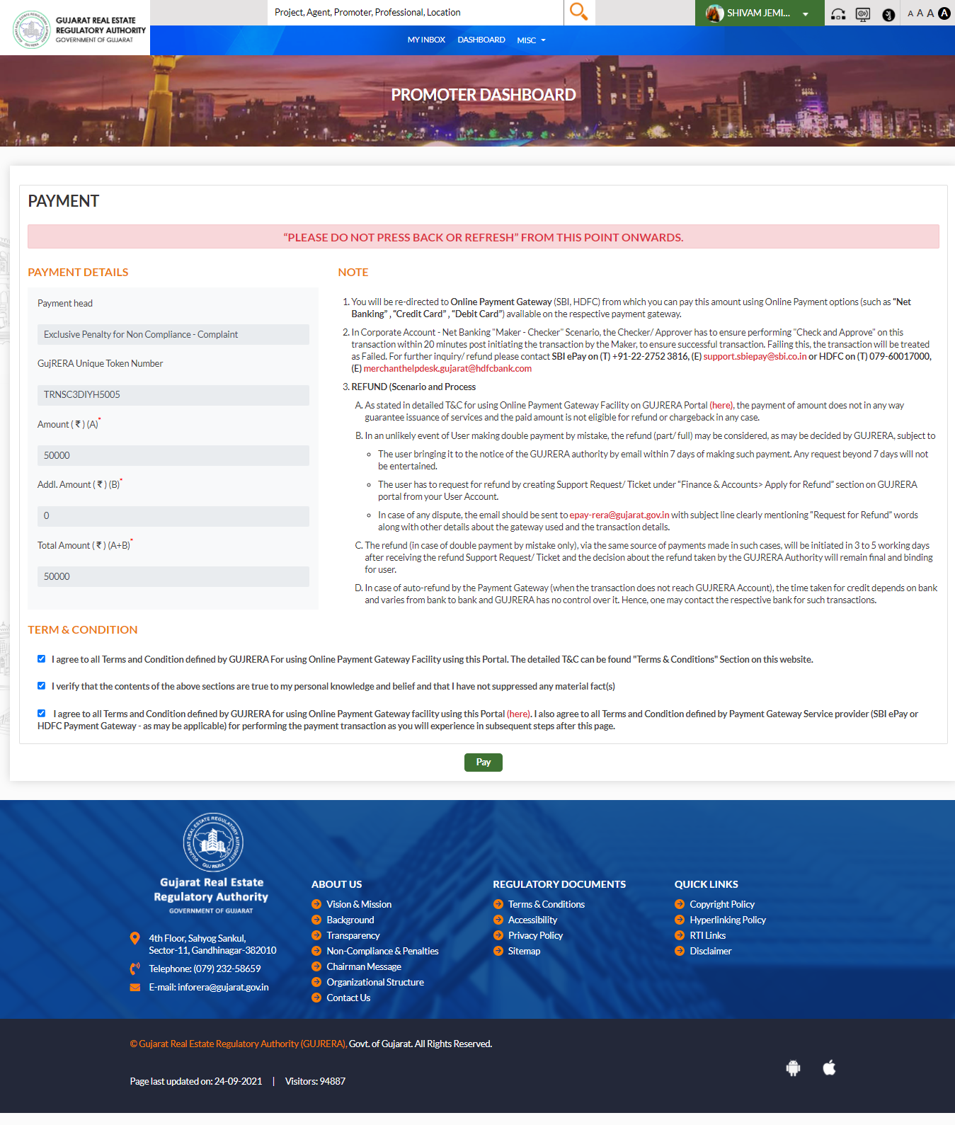 GujRERA penalty payment screen showing Unique Token Number, Amount A, Additional Amount B, Total Amount, Terms and Conditions checkboxes and Pay button leading to SBI ePay or HDFC gateway