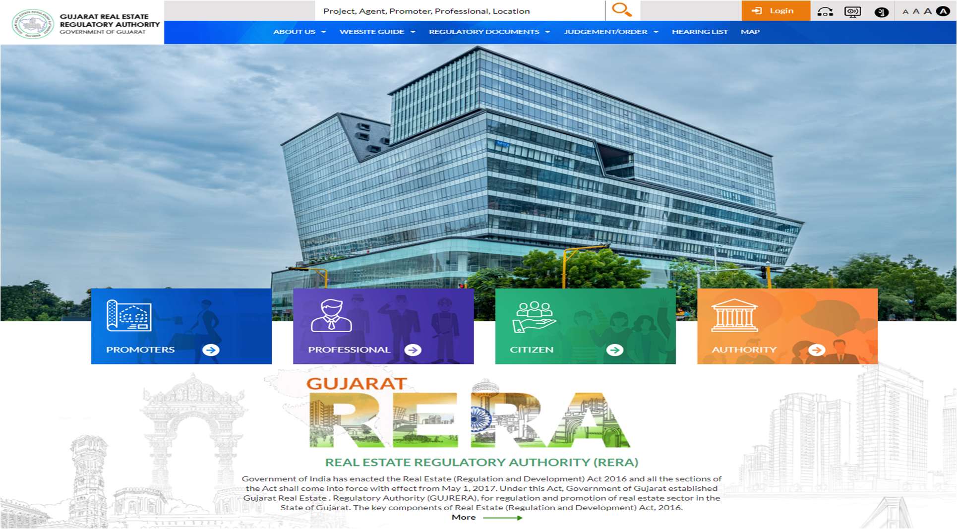 GujRERA official portal homepage showing Gujarat Real Estate Regulatory Authority website with category icons for Promoters, Professional, Citizen, and Authority