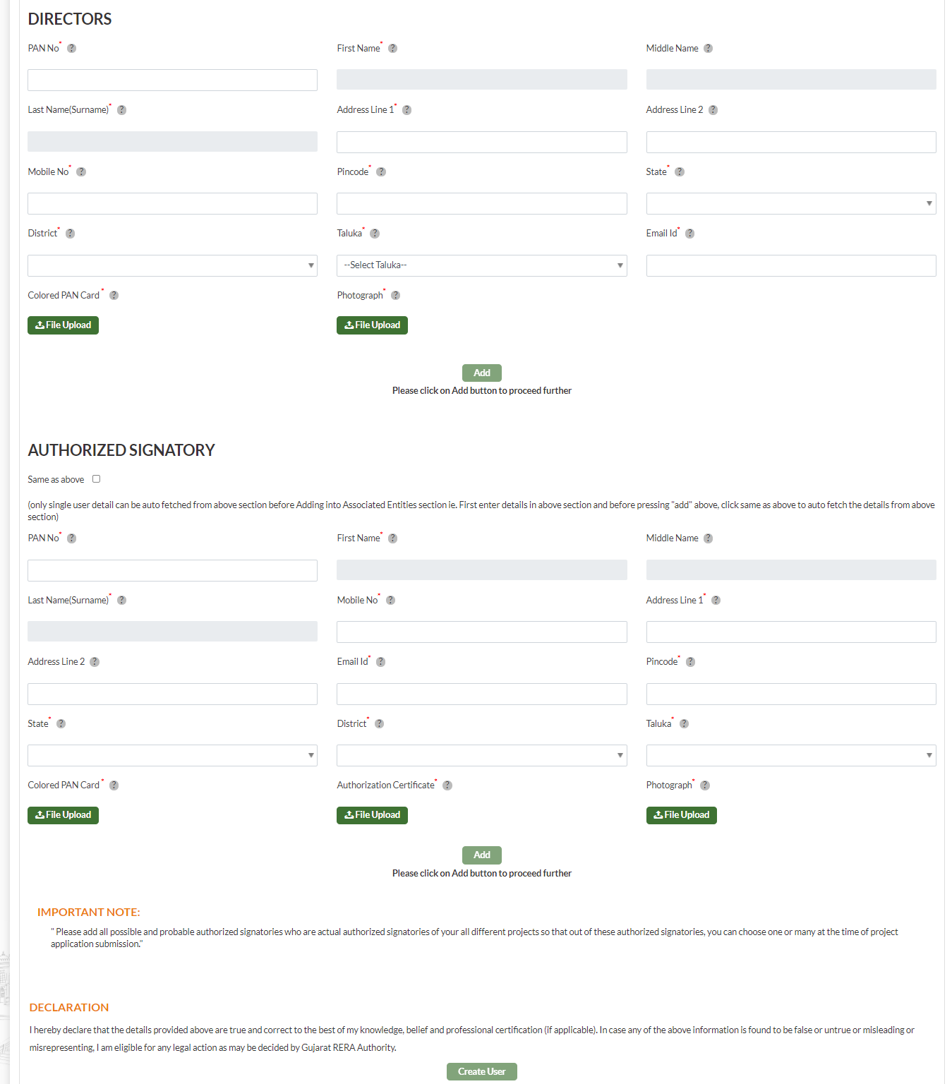 GujRERA Promoter enrollment form showing Directors section and Authorized Signatory section with PAN, upload fields