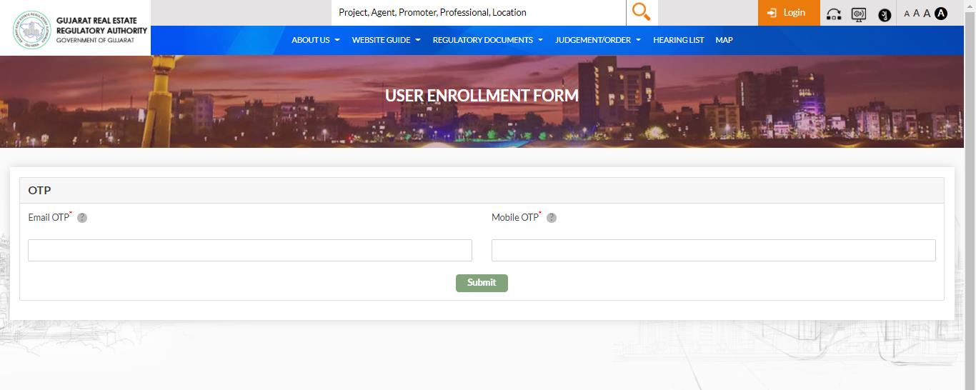 GujRERA OTP verification form with separate Email OTP and Mobile OTP fields