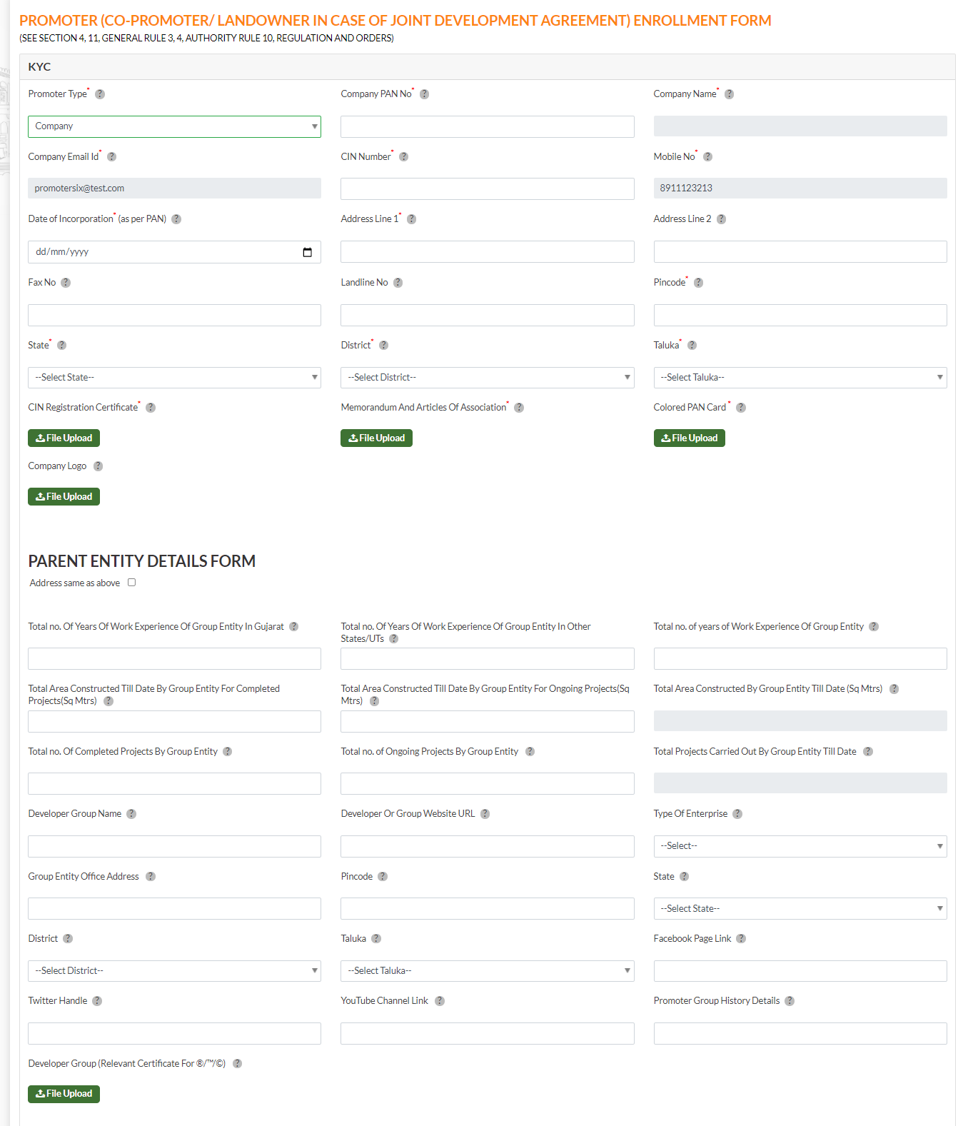 GujRERA Promoter KYC enrollment form for Company type showing PAN, CIN, address and Parent Entity Details section