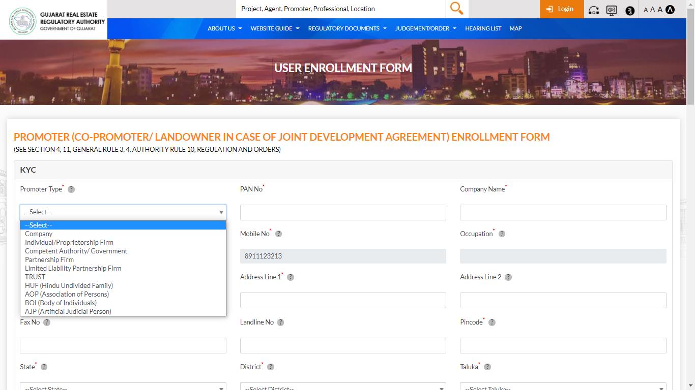 GujRERA Promoter type dropdown showing all 10 legal entity types including Company, LLP, Trust, HUF