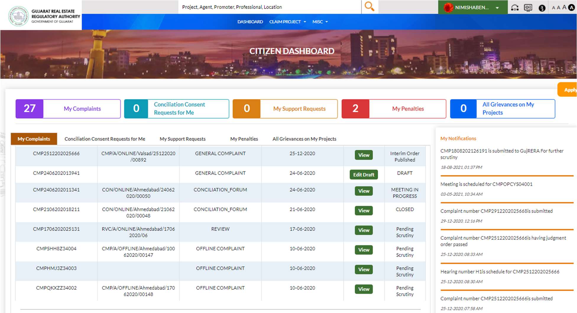 GujRERA Citizen Dashboard My Complaints tab showing REVIEW type complaint entry with RVC number, Pending Scrutiny status, and notifications panel