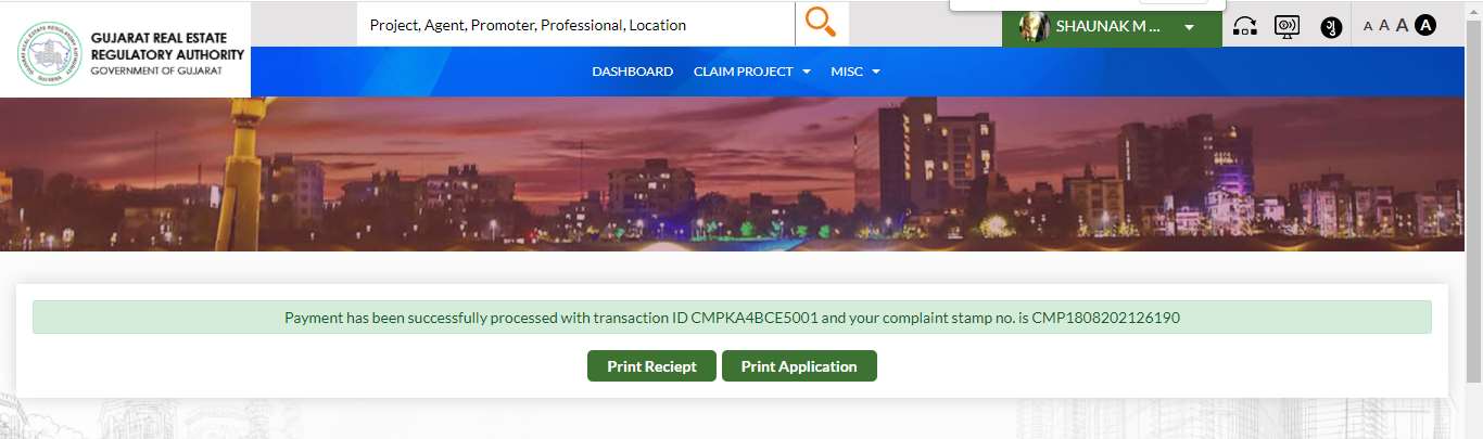GujRERA Review Rectification confirmation screen showing Payment successfully processed message with Transaction ID and complaint stamp number CMP1808202126190