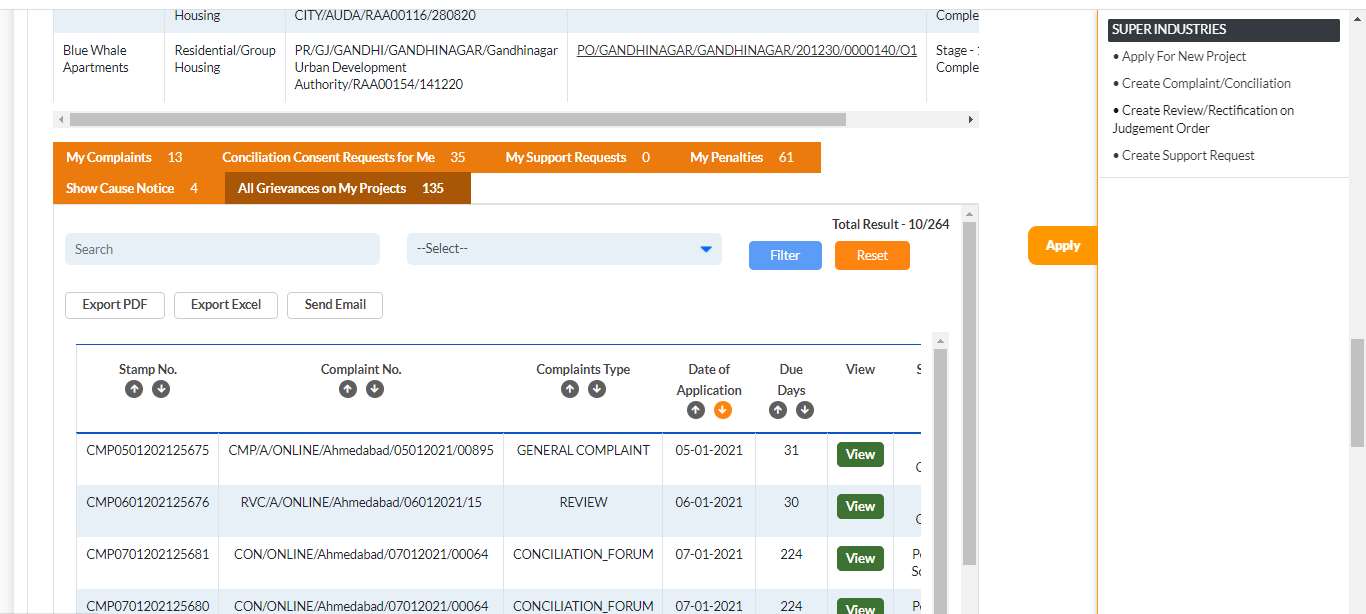GujRERA Promoter Dashboard All Grievances on My Projects tab showing REVIEW-type complaint entries with Pending Scrutiny status