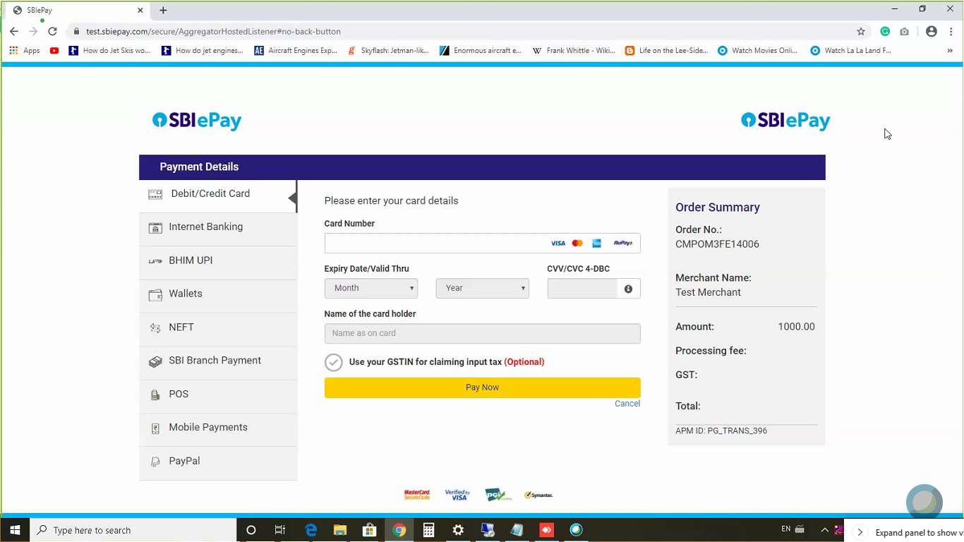 SBI ePay payment page for GujRERA Review Application showing Debit/Credit Card, Internet Banking, UPI, and other payment options