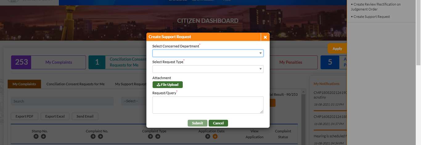 GujRERA Create Support Request popup form showing Select Concerned Department dropdown, Select Request Type dropdown, Attachment File Upload button, and Request Query text area with Submit and Cancel buttons
