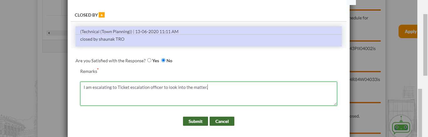 GujRERA Support Request escalation screen showing No selected in user feedback, Remarks field filled with escalation reason text, and Submit Cancel buttons