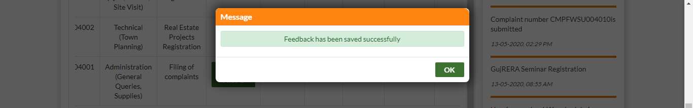 GujRERA Message popup showing Feedback has been saved successfully with OK button