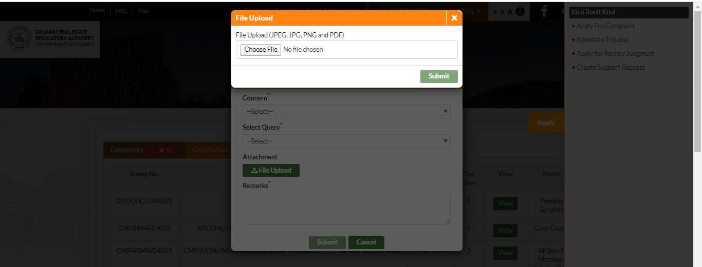 GujRERA File Upload modal showing File Upload JPEG JPG PNG and PDF accepted formats, Choose File button, and Submit button