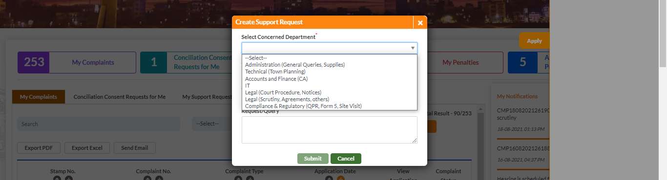 GujRERA Create Support Request popup with Select Concerned Department dropdown open showing all 7 department options