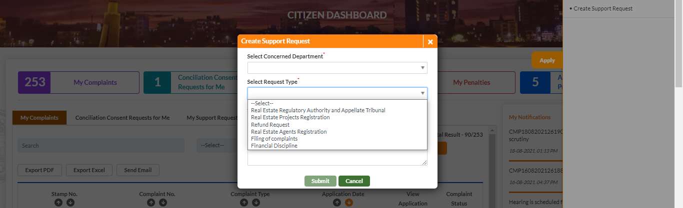 GujRERA Create Support Request popup with Select Request Type dropdown open showing Real Estate Regulatory Authority and Appellate Tribunal, Real Estate Projects Registration, Refund Request, Real Estate Agents Registration, Filing of complaints, and Financial Discipline options