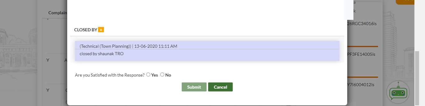 GujRERA Support Request View popup CLOSED BY section showing Technical Town Planning closing details and Are You Satisfied with the Response Yes No radio buttons with Submit and Cancel buttons